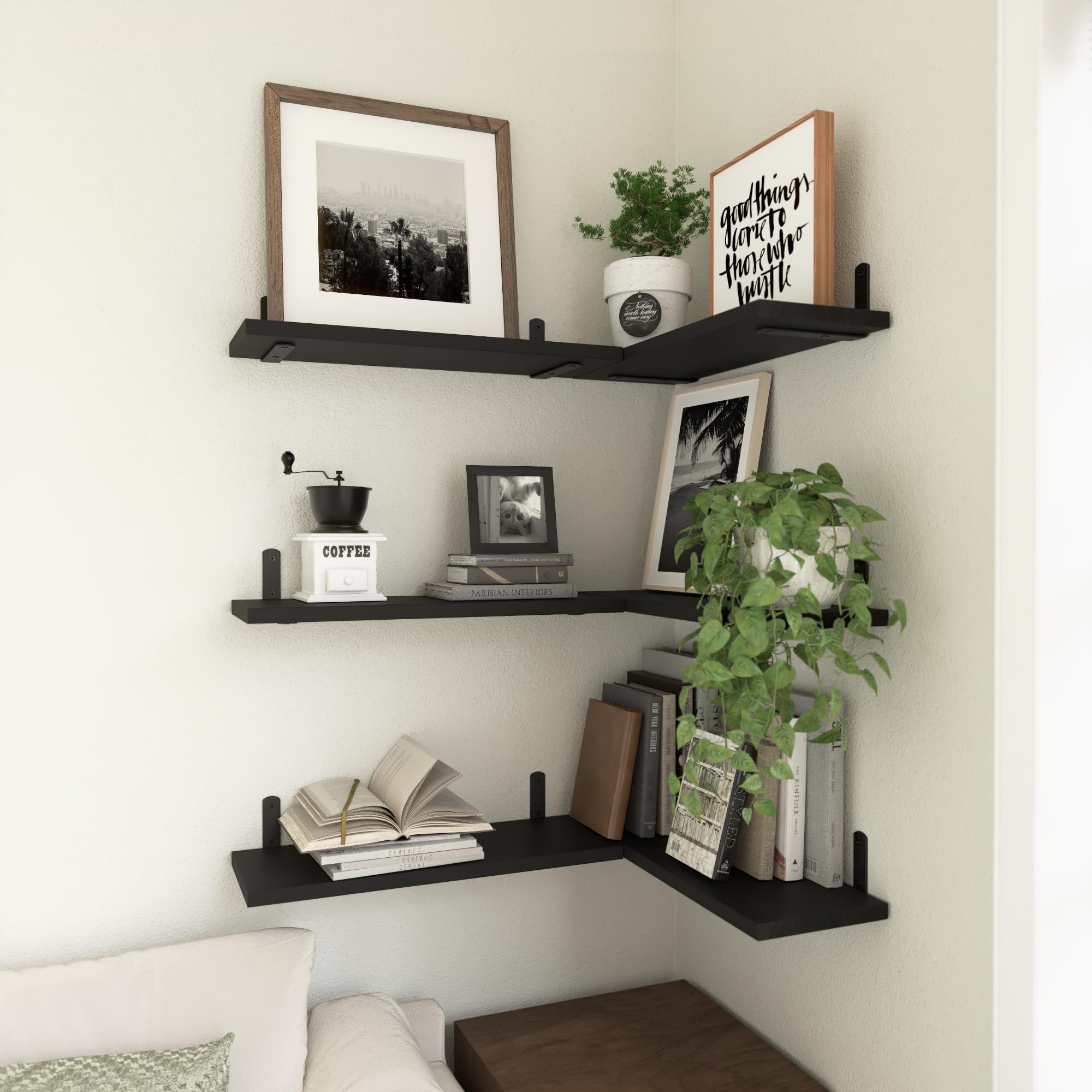 WOPITUES wood floating shelves in bathroom illustrate compact storage within reach.