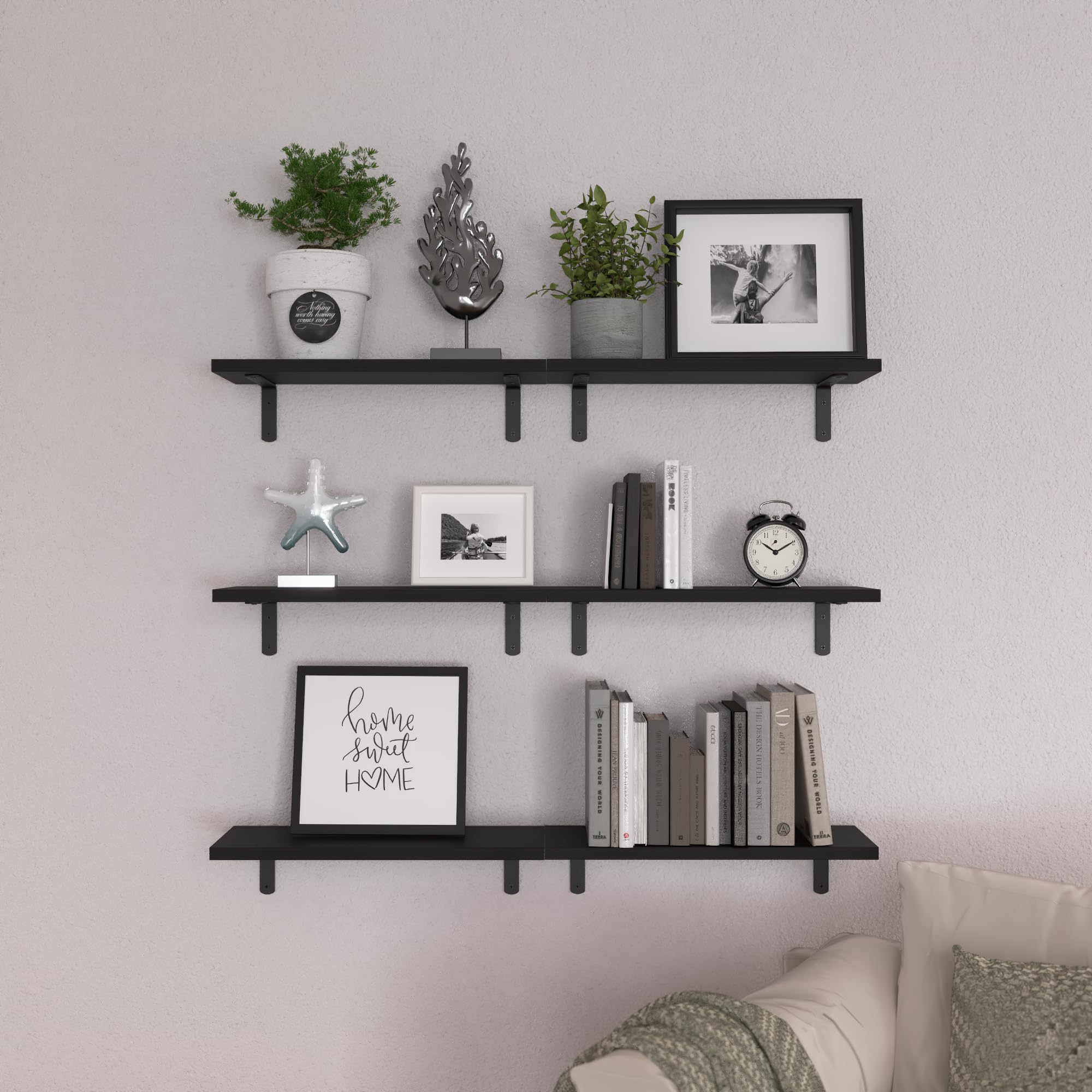 WOPITUES wood floating shelves in bedroom provide organized display space.