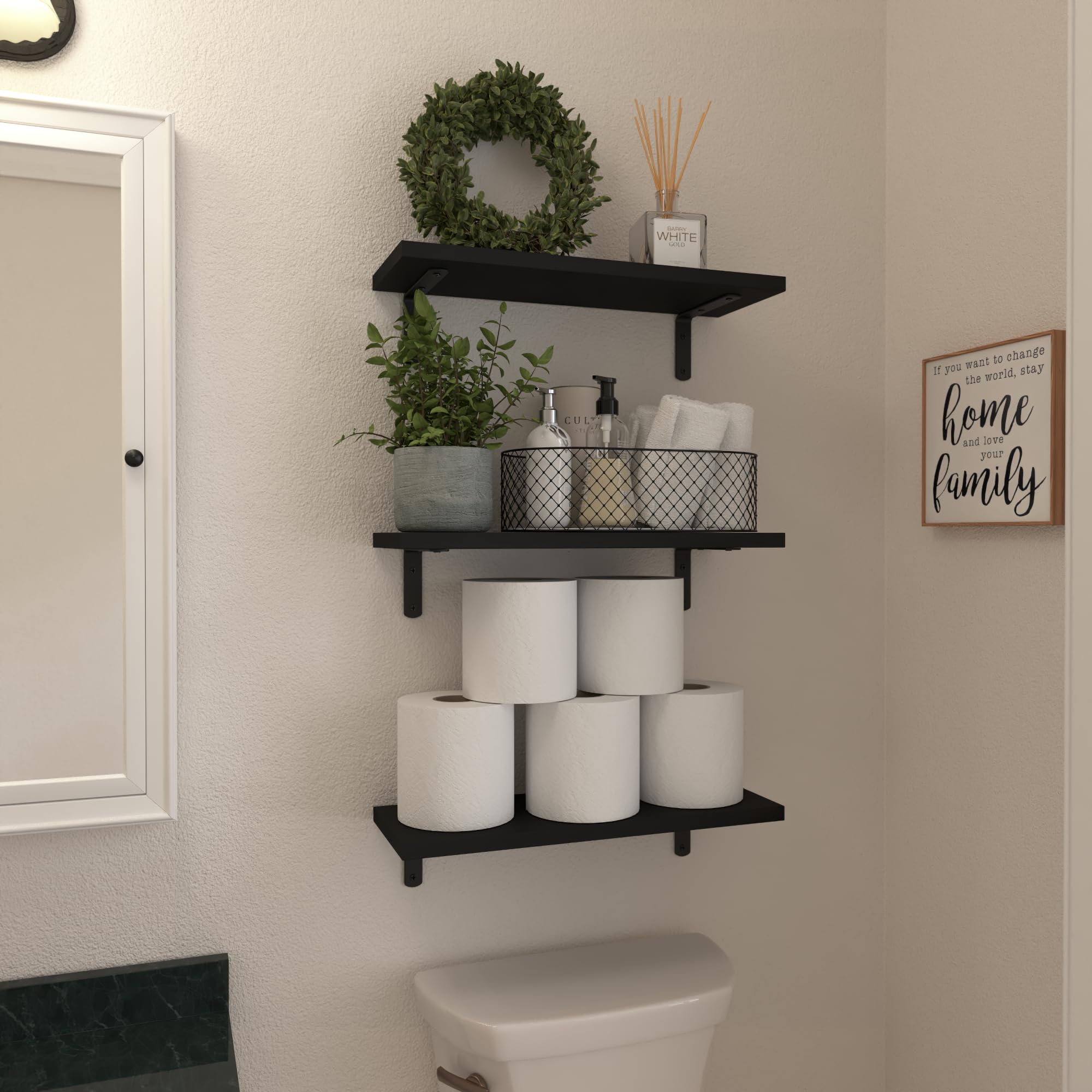 WOPITUES wood floating shelves installation-pack enables quick, clean mounting.
