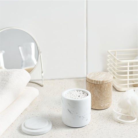 WORHE marble apothecary jar close-up shows natural veining and craftsmanship