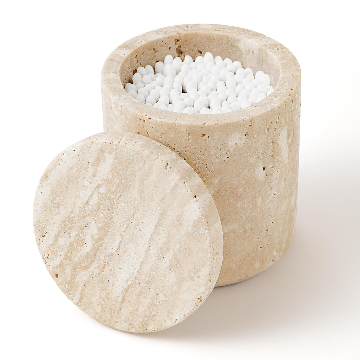 WORHE travertine qtip holder with lid keeps cotton swabs tidy on the vanity
