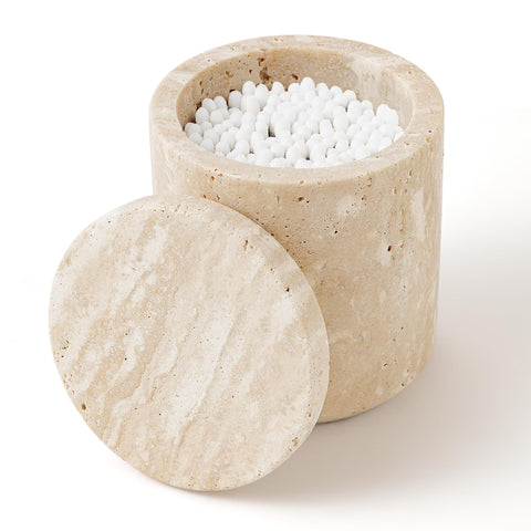 WORHE travertine qtip holder with lid keeps cotton swabs tidy on the vanity