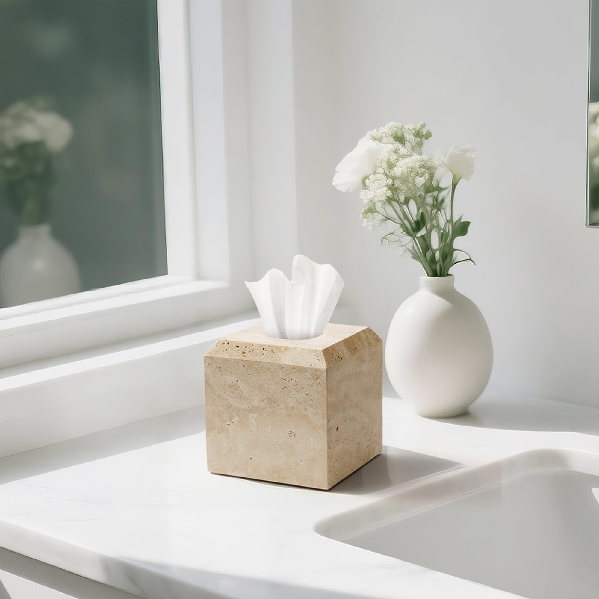 WORHE travertine tissue box cover in living room setting complements decor