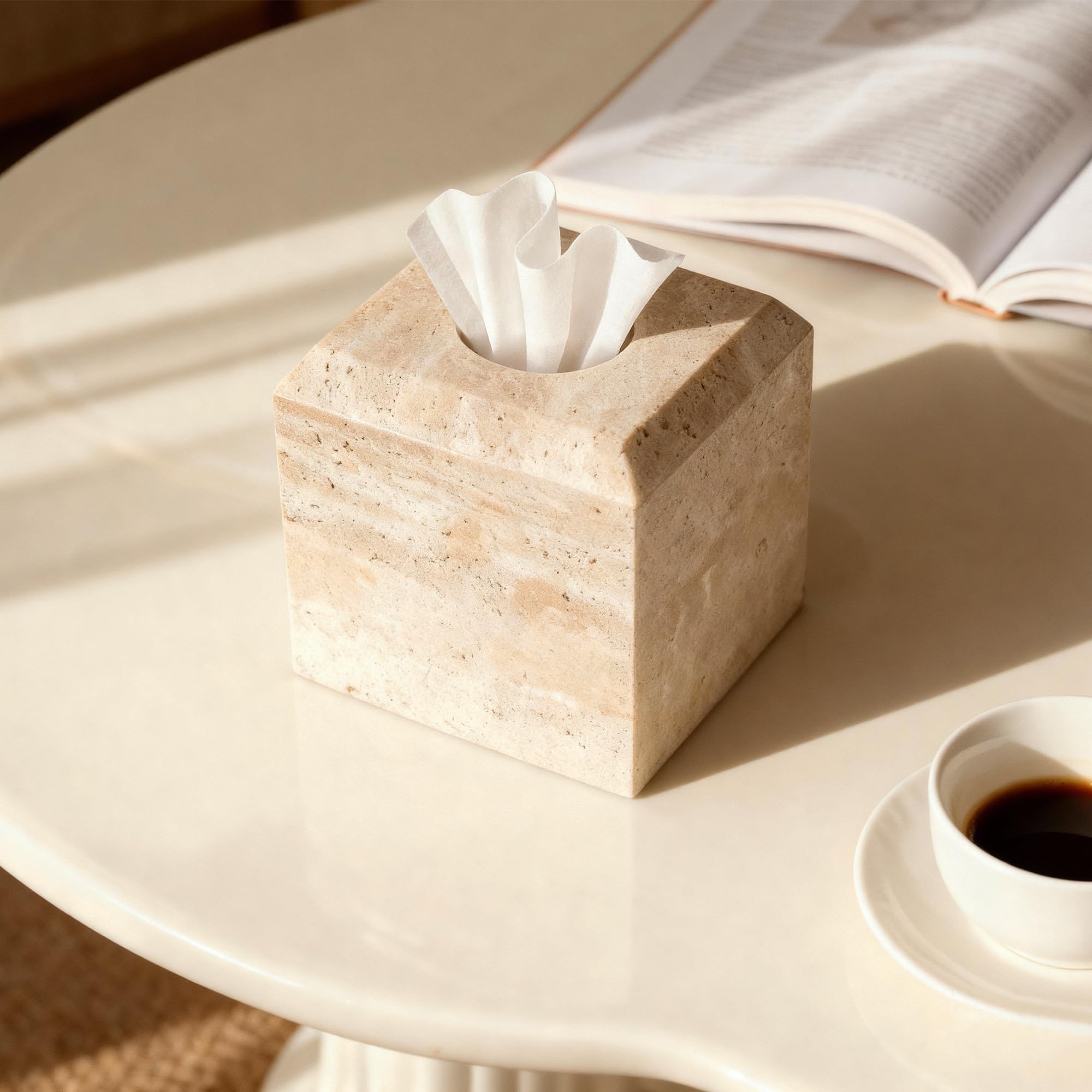 WORHE travertine tissue box cover side view highlighting square shape