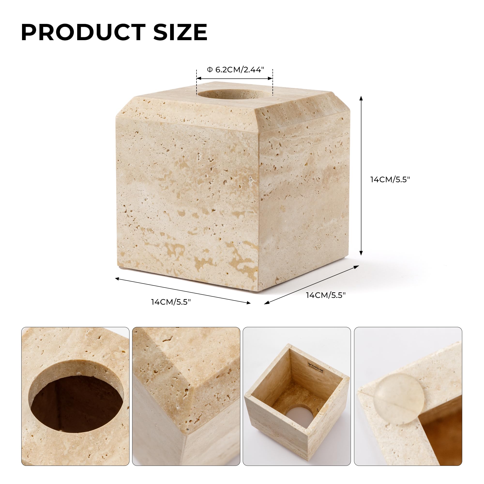 WORHE travertine tissue box cover top view with accessible tissue slot
