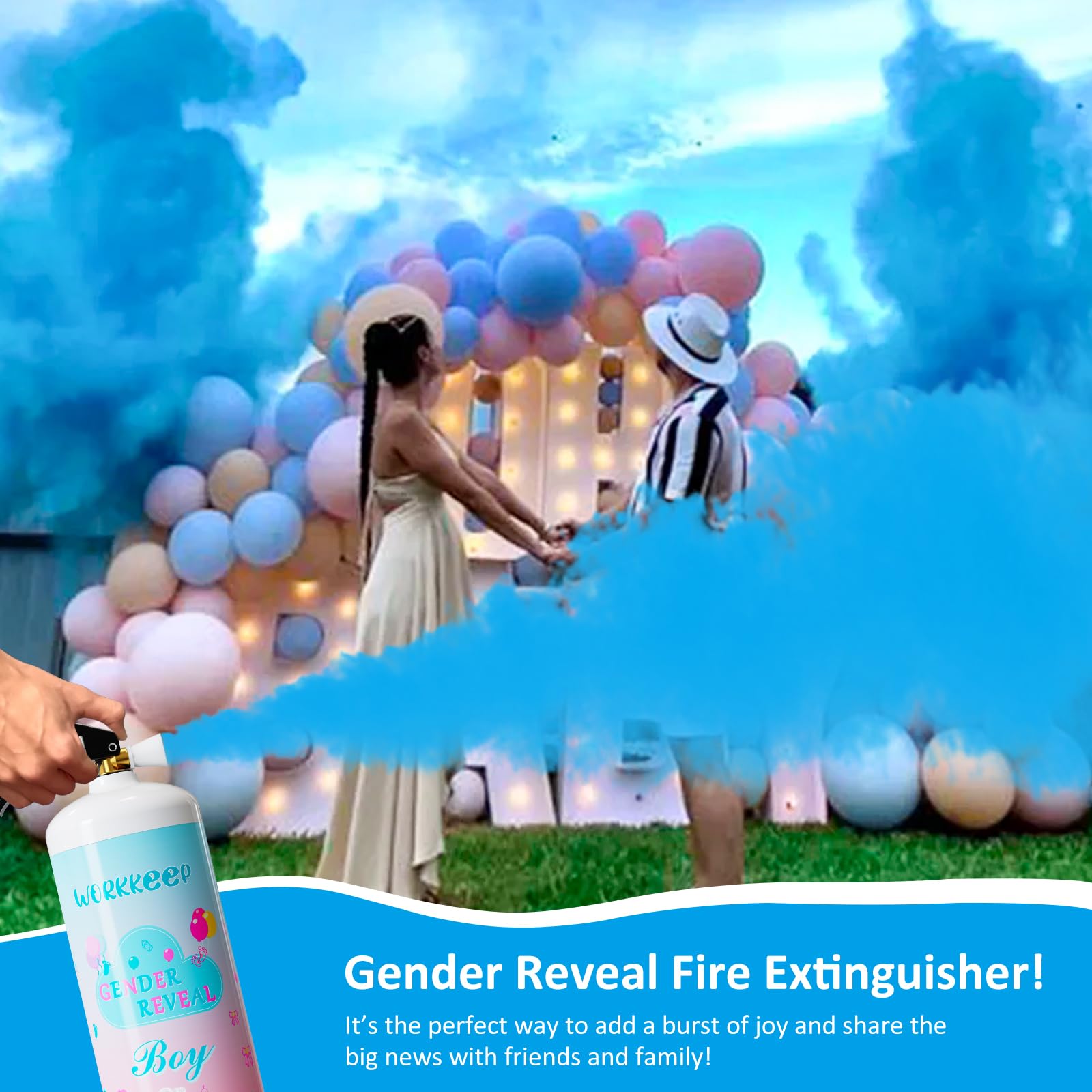 WORKKEEP Giant Gender Reveal Extinguisher blue base with hidden color for suspenseful reveals