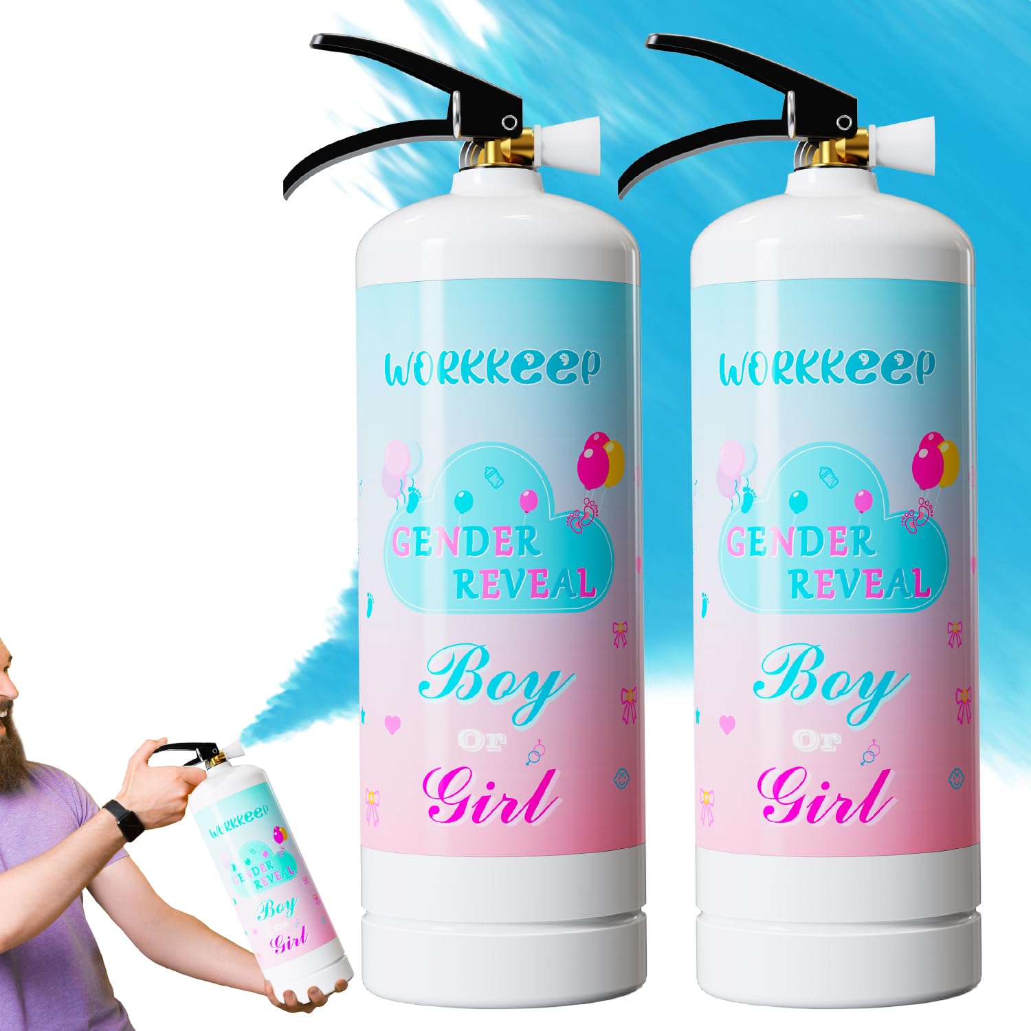 WORKKEEP Giant Gender Reveal Extinguisher blue 2-pack front view for dramatic outdoor reveals