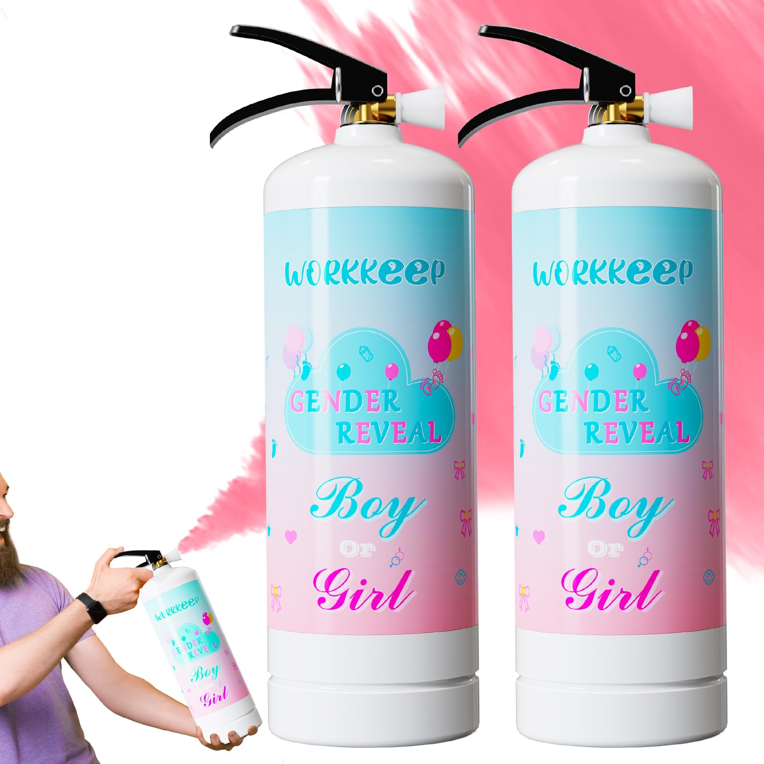 WORKKEEP giant pink gender reveal extinguisher 2-pack ready for outdoor party moment