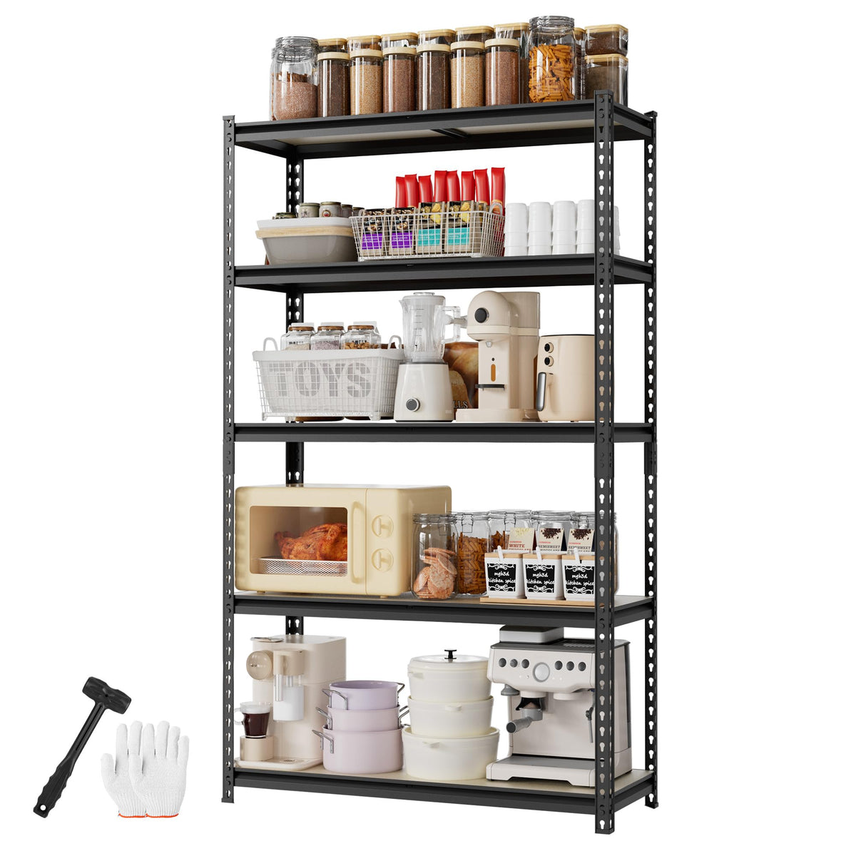 WORKPRO 5-tier shelf assembly view for quick, tool-free garage setup.