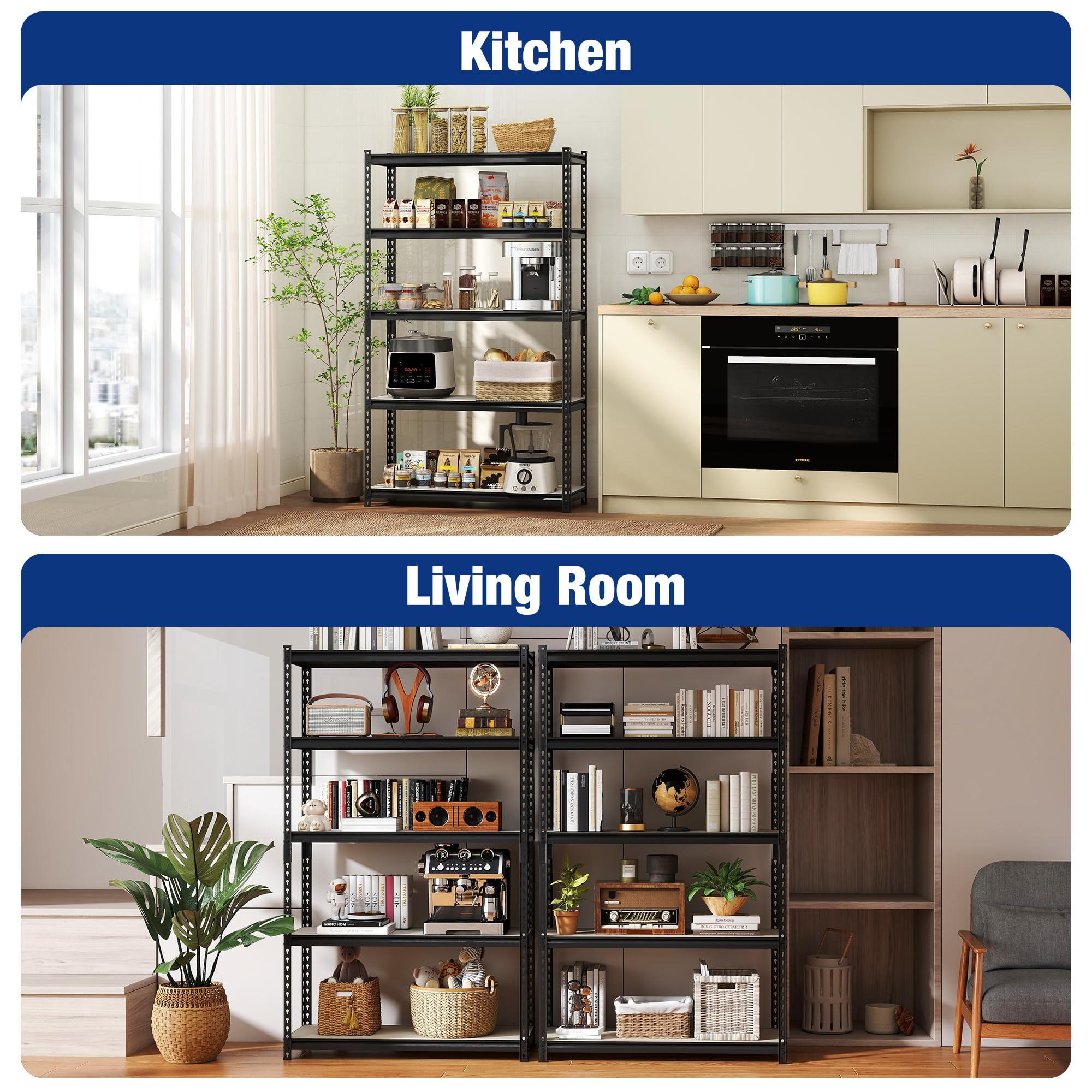 WORKPRO 5-tier shelf in basement or garage with adjustable spacing.