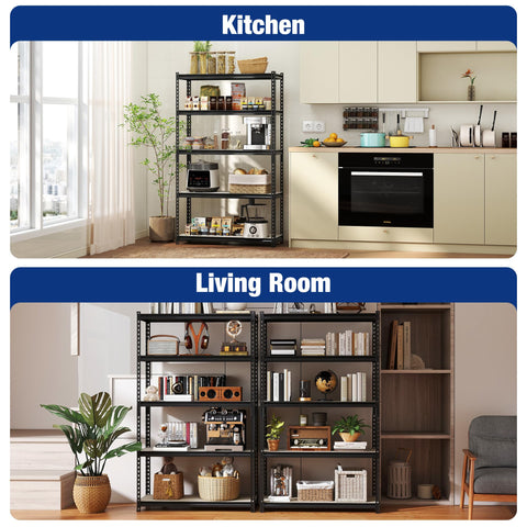 WORKPRO 5-tier shelf in basement or garage with adjustable spacing.