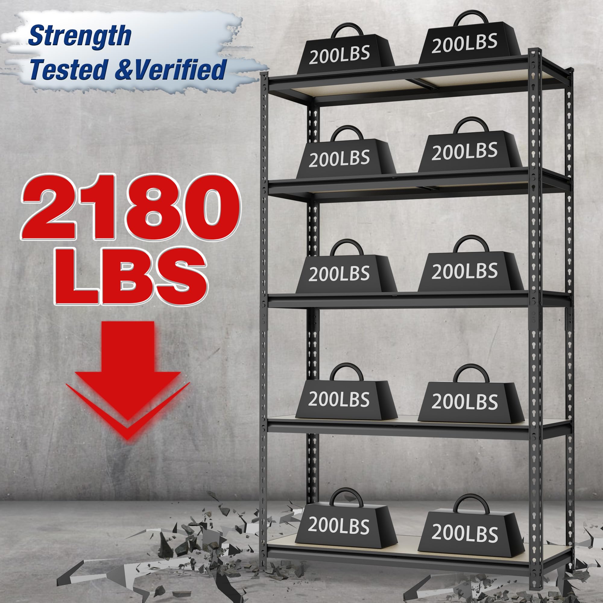 WORKPRO 5-tier shelf front view highlighting heavy-duty storage capacity.