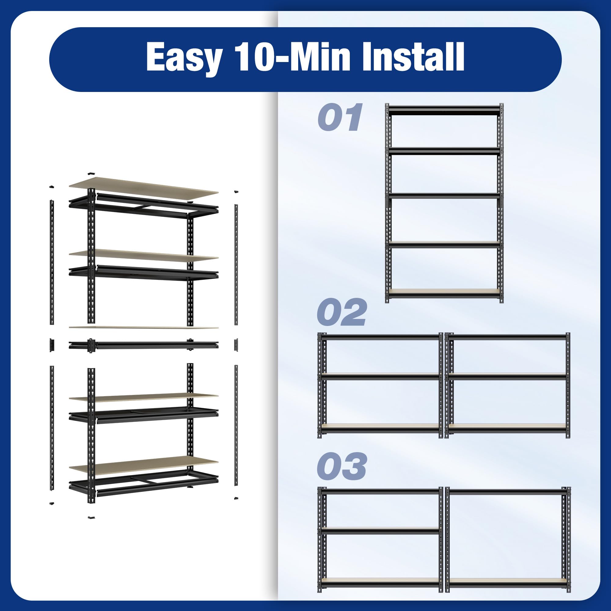 WORKPRO 5-tier shelf built with rust-resistant steel and thick MDF boards.