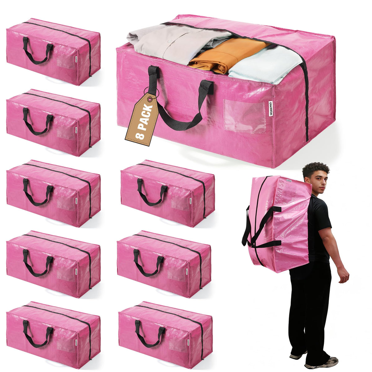 WORKPRO 8-pack moving bags with heavy-duty zippers in pink for secure packing