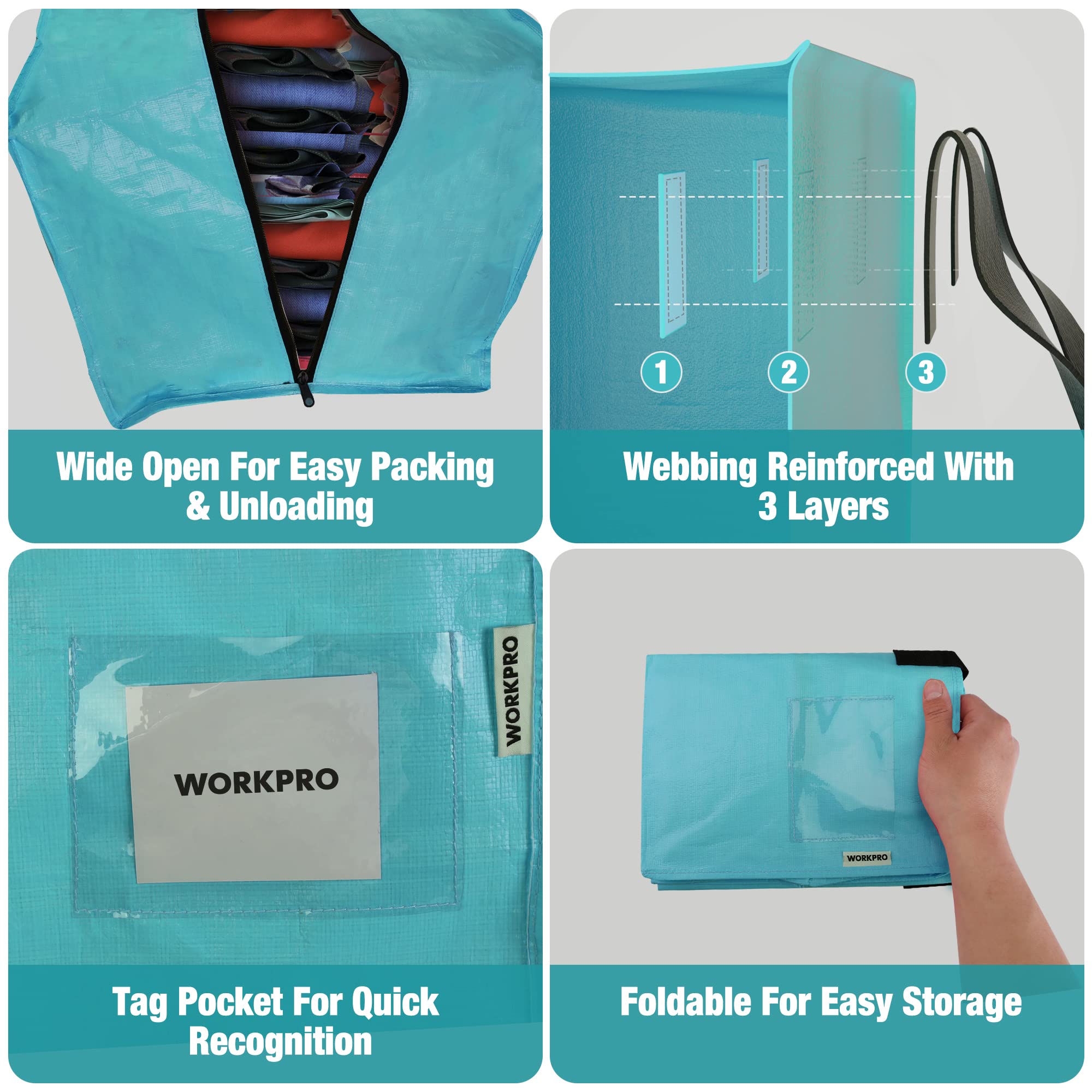 WORKPRO Extra Large Moving Bag folds flat for compact storage when unused.