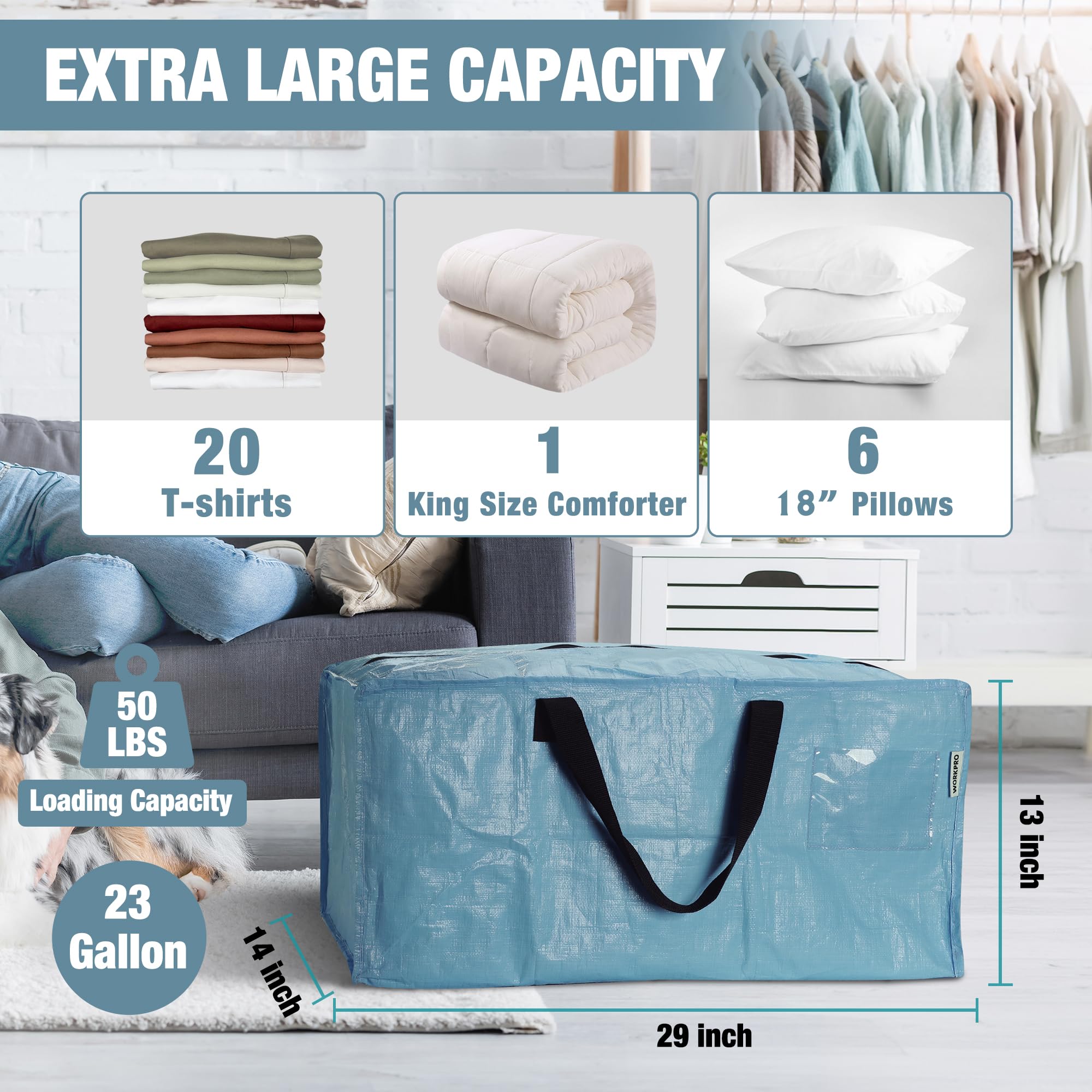 WORKPRO 23-gallon capacity helps store bulky items like bedding and blankets.