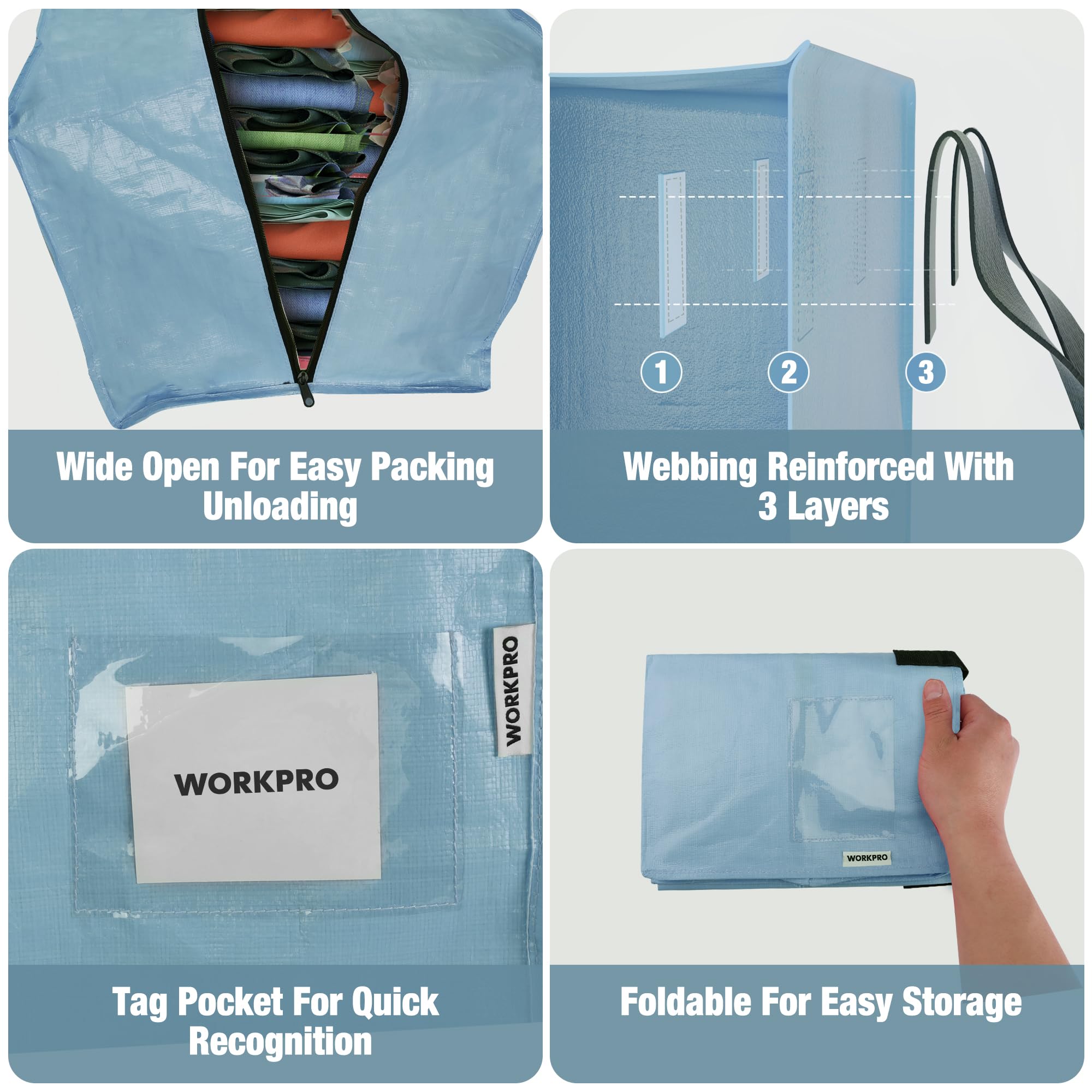 WORKPRO reinforced 3-layer straps allow hand or backpack carry.