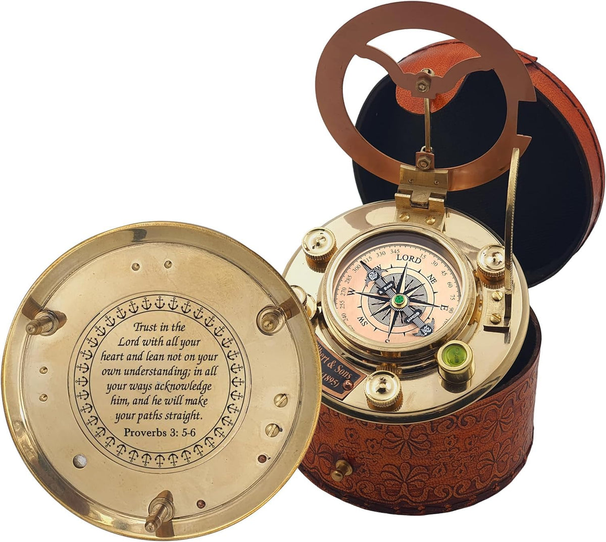 Worldmart brass sundial compass with leather box and engraved scripture for gifting