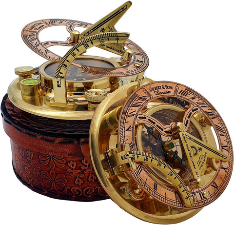 Worldmart compass in leather box close-up with polished brass finish