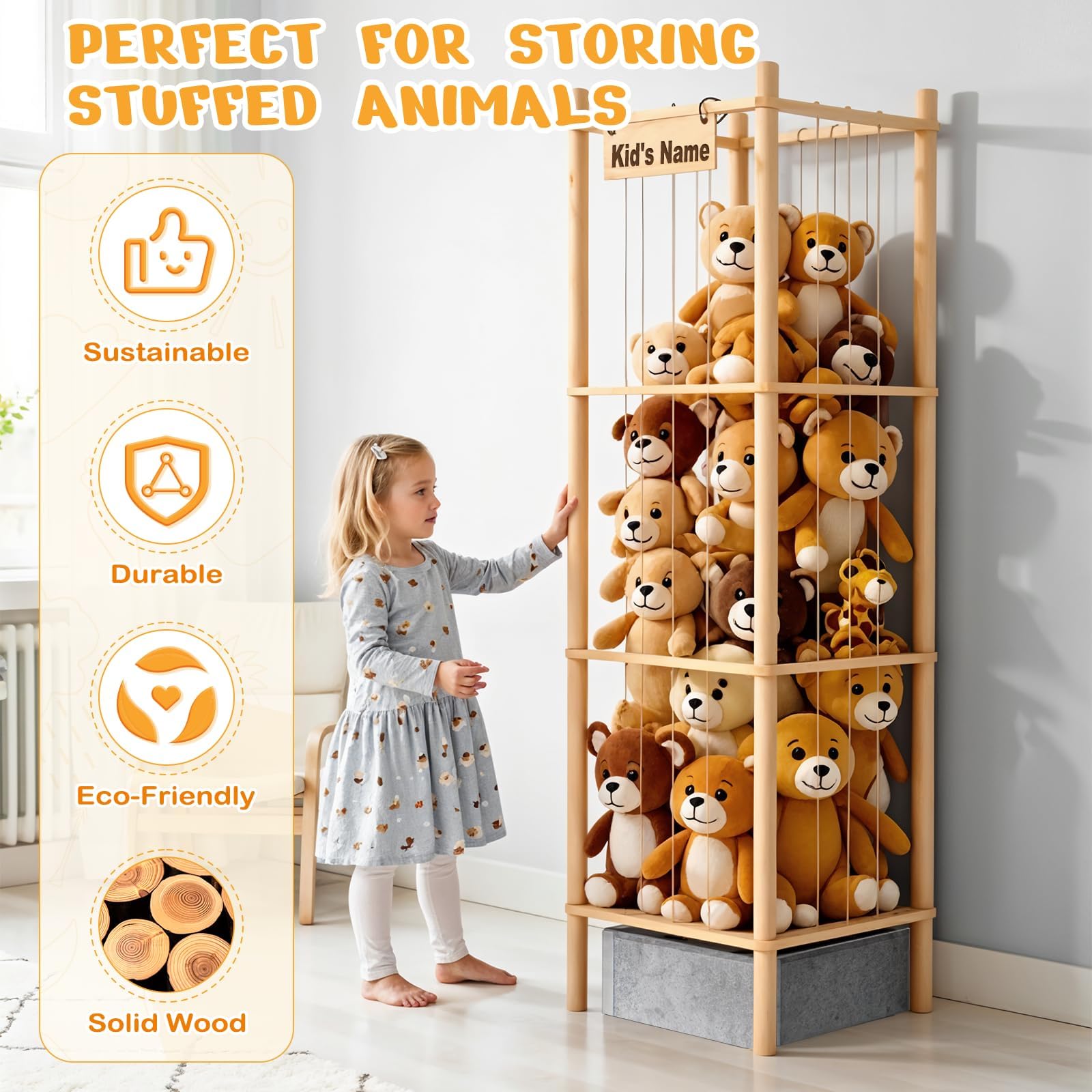 WORLDMX 57-inch wooden plush toy organizer showcases a large capacity for kid rooms