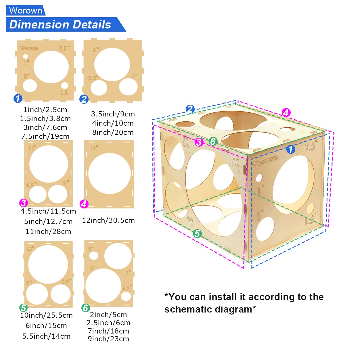 Worown balloon measurement box 18-hole sizes display for selecting correct balloon diameters.