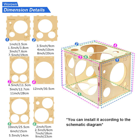 Worown balloon measurement box 18-hole sizes display for selecting correct balloon diameters.