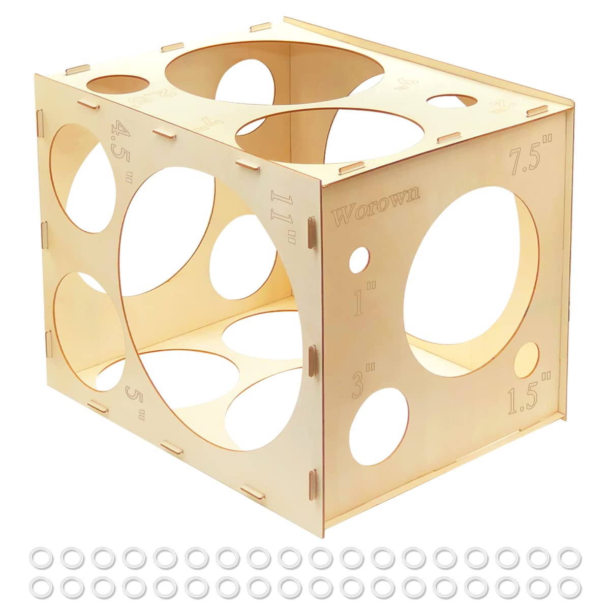 Worown balloon measurement box front view in wood, ideal for quick size checks during party setup.