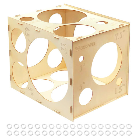 Worown balloon measurement box front view in wood, ideal for quick size checks during party setup.