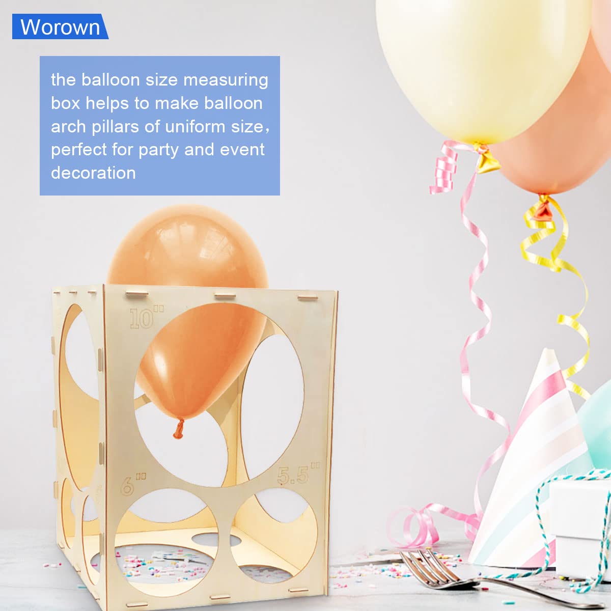 Worown size chart on box to plan consistent balloons for arches and columns.