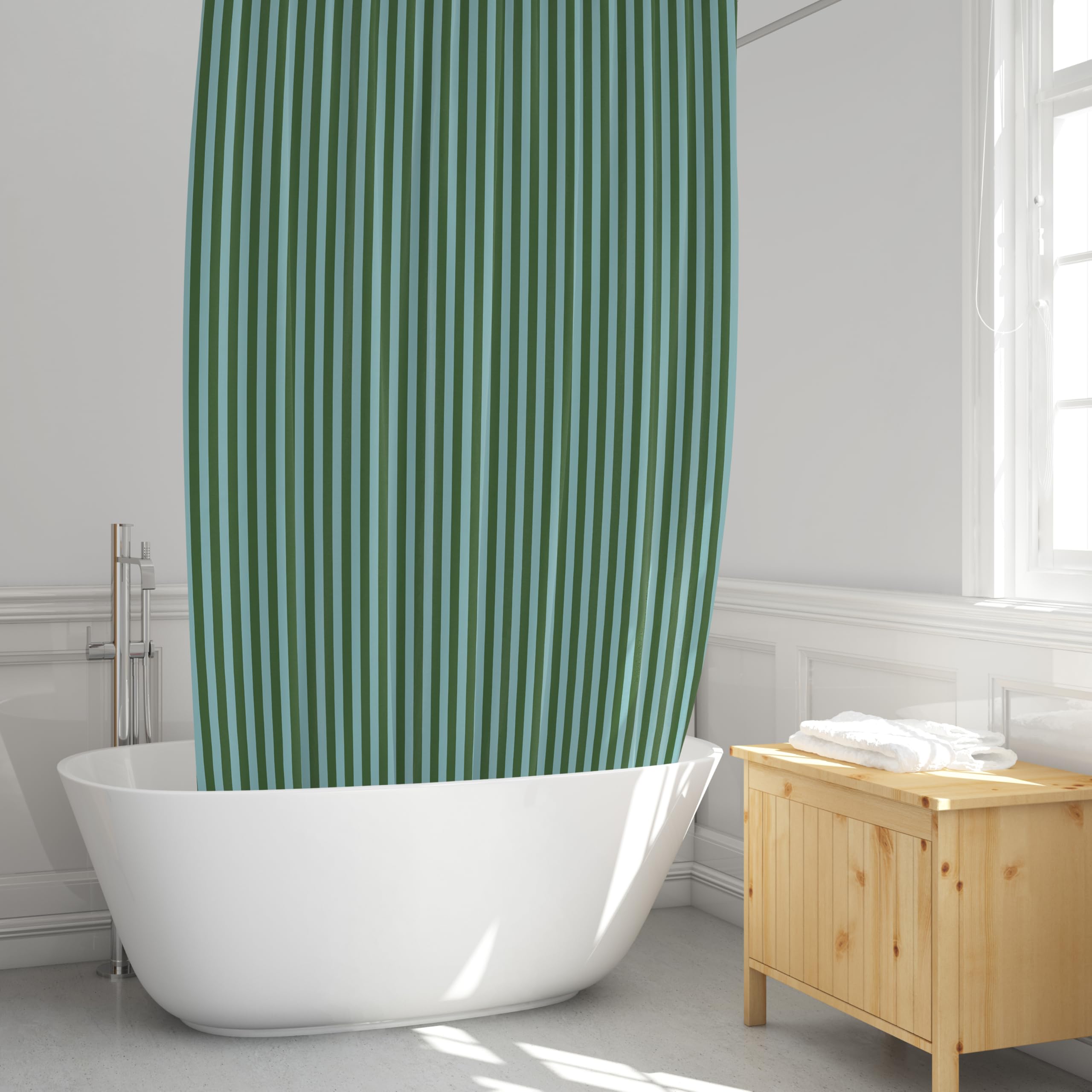 Worthwhile Goods green-teal striped curtain adds modern bathroom ambiance