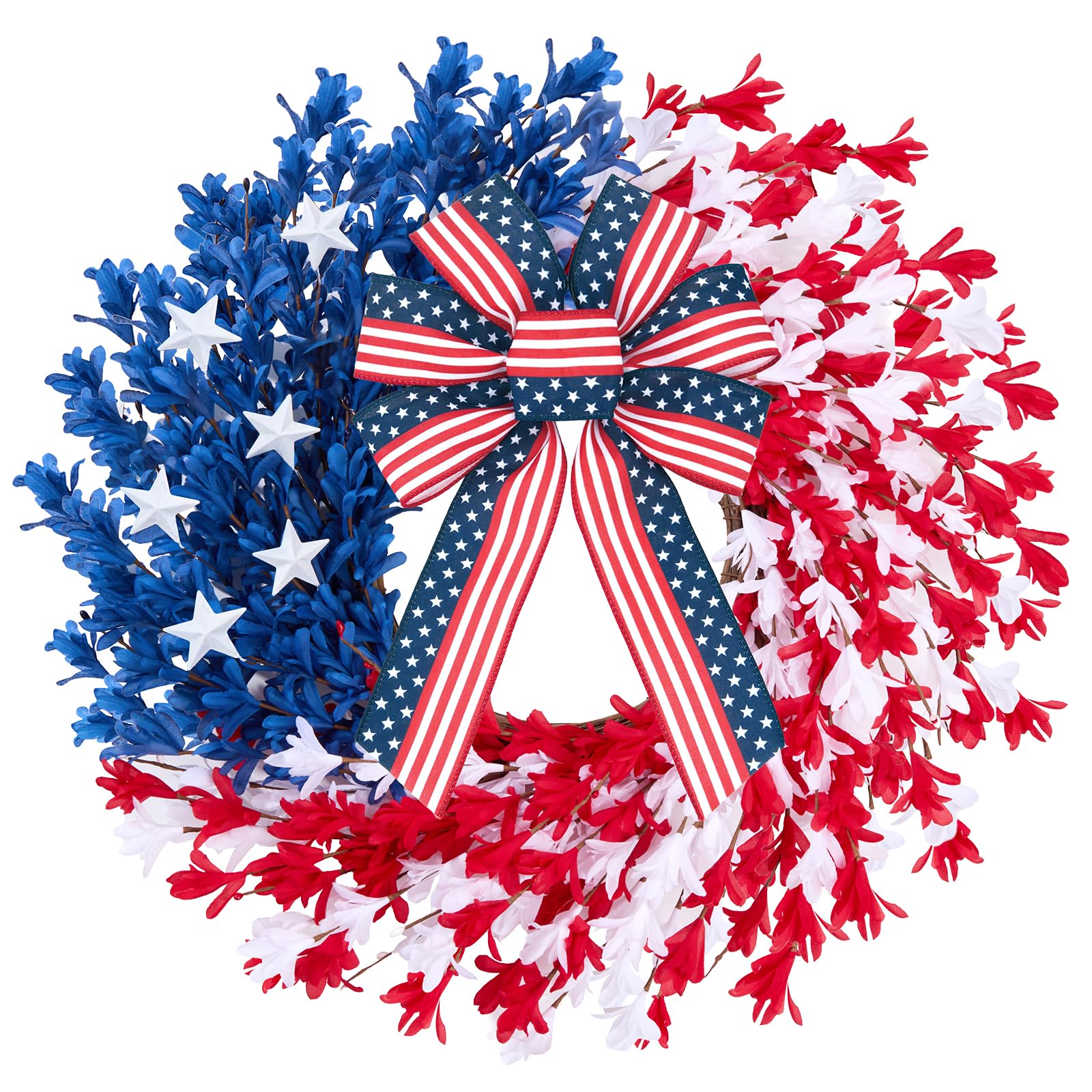 Worthyeah Patriotic Wreath on front door with blue canton and star accents for seasonal charm.