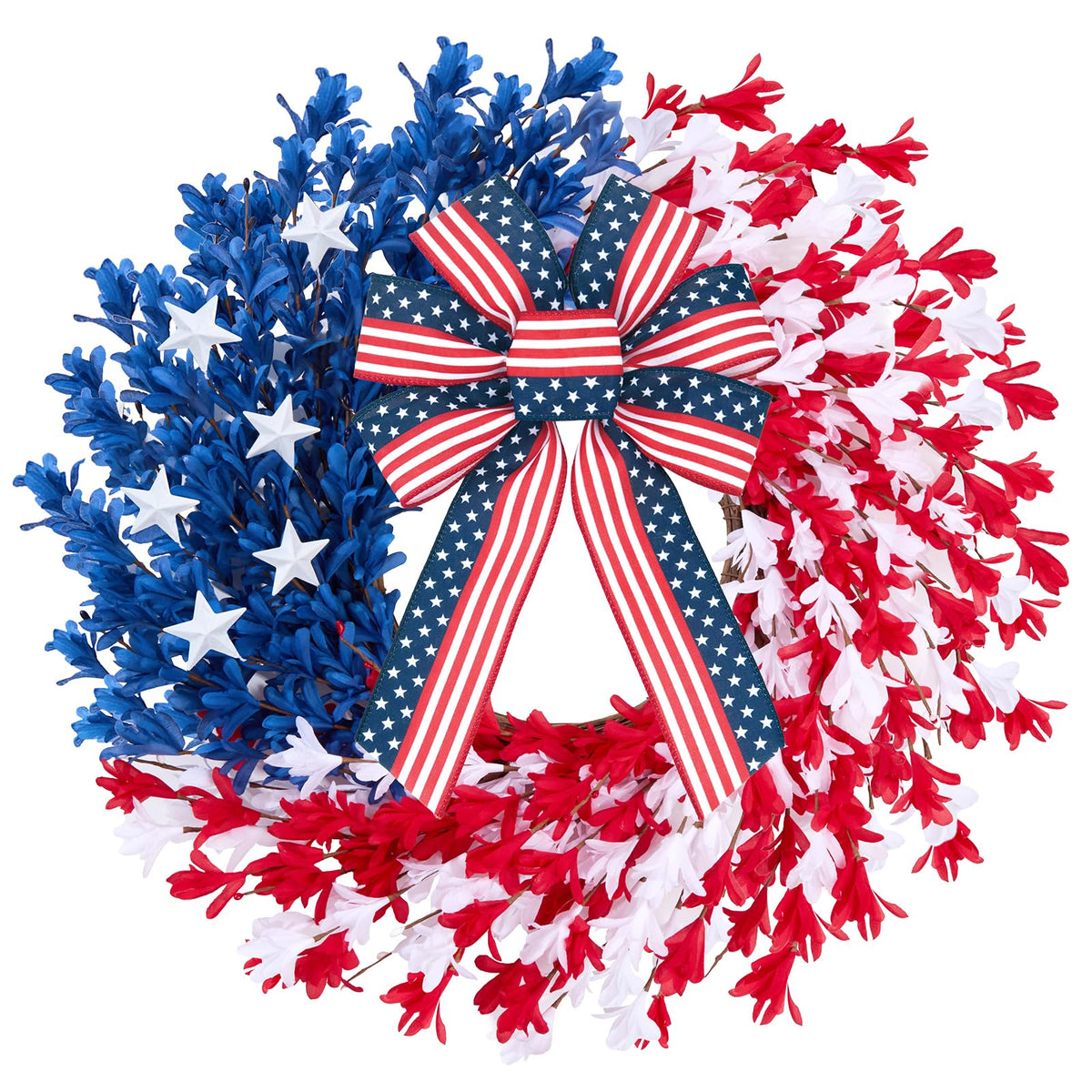 Worthyeah Patriotic Wreath on front door with blue canton and star accents for seasonal charm.