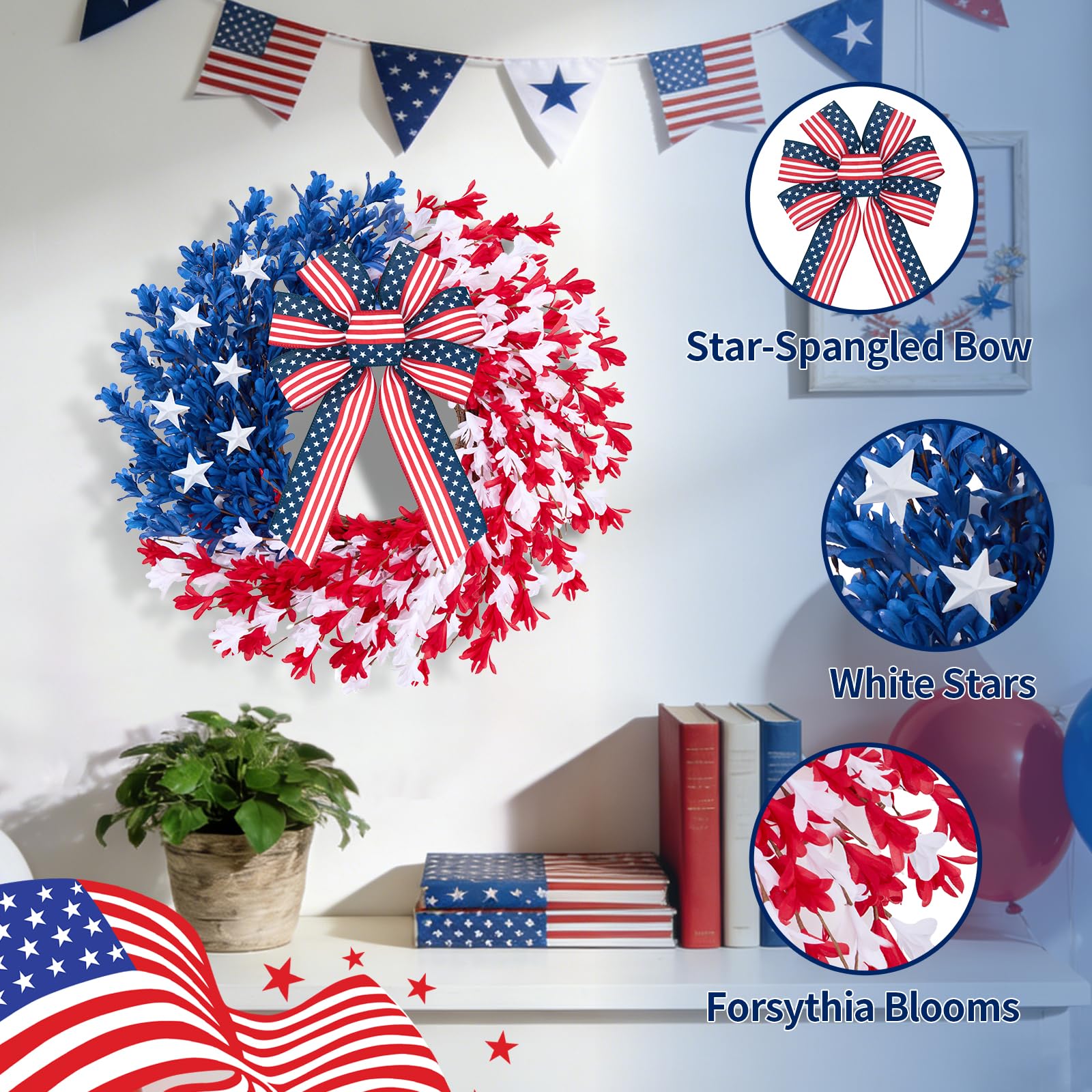 Worthyeah wreath featuring red white blue forsythia blooms creates bold entryway statement.