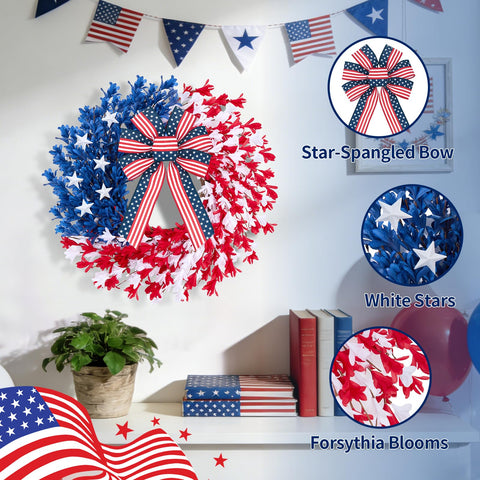 Worthyeah wreath featuring red white blue forsythia blooms creates bold entryway statement.