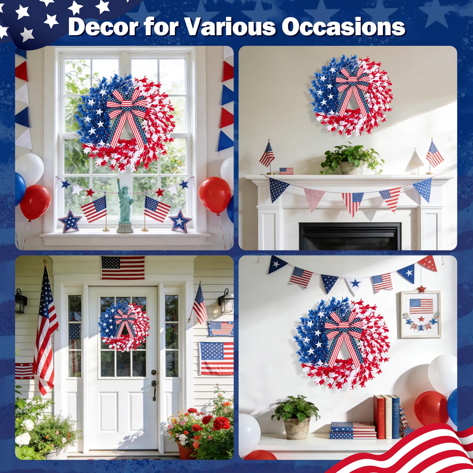 Worthyeah patriotic wreath arrives ready to hang and fluff.