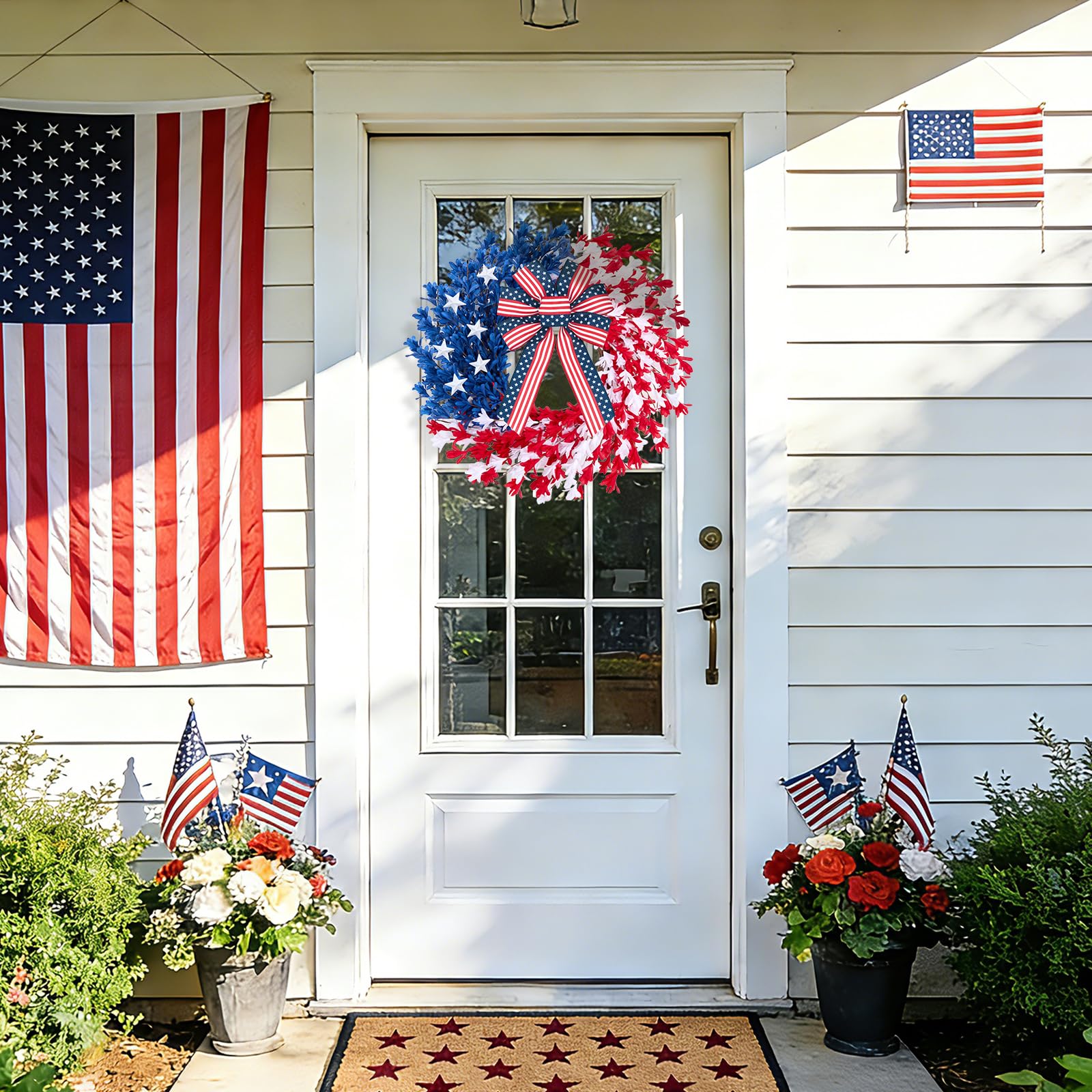 Worthyeah patriotic wreath with flag-patterned bow adds instant Americana.