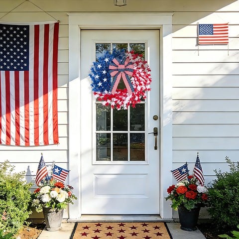 Worthyeah patriotic wreath with flag-patterned bow adds instant Americana.
