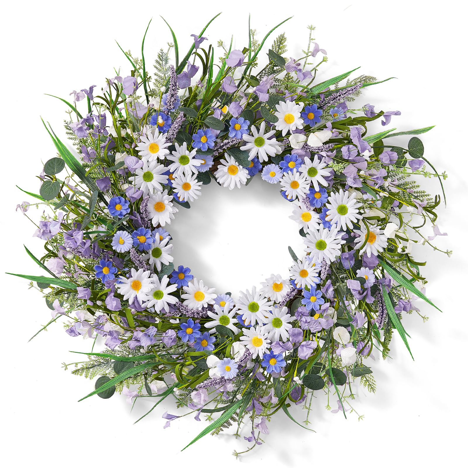 Worthyeah spring wreath with daisies and lavender enhances curb appeal.
