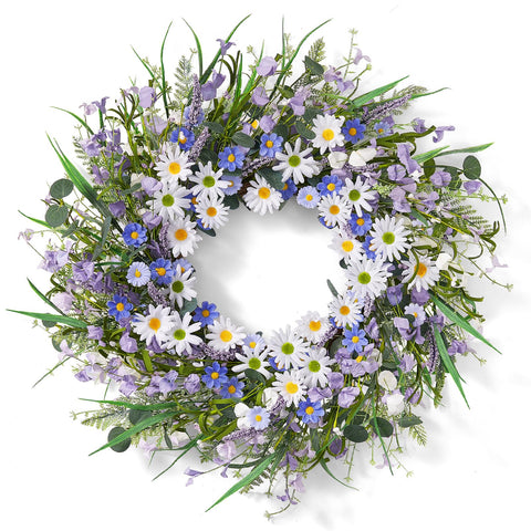 Worthyeah spring wreath with daisies and lavender enhances curb appeal.