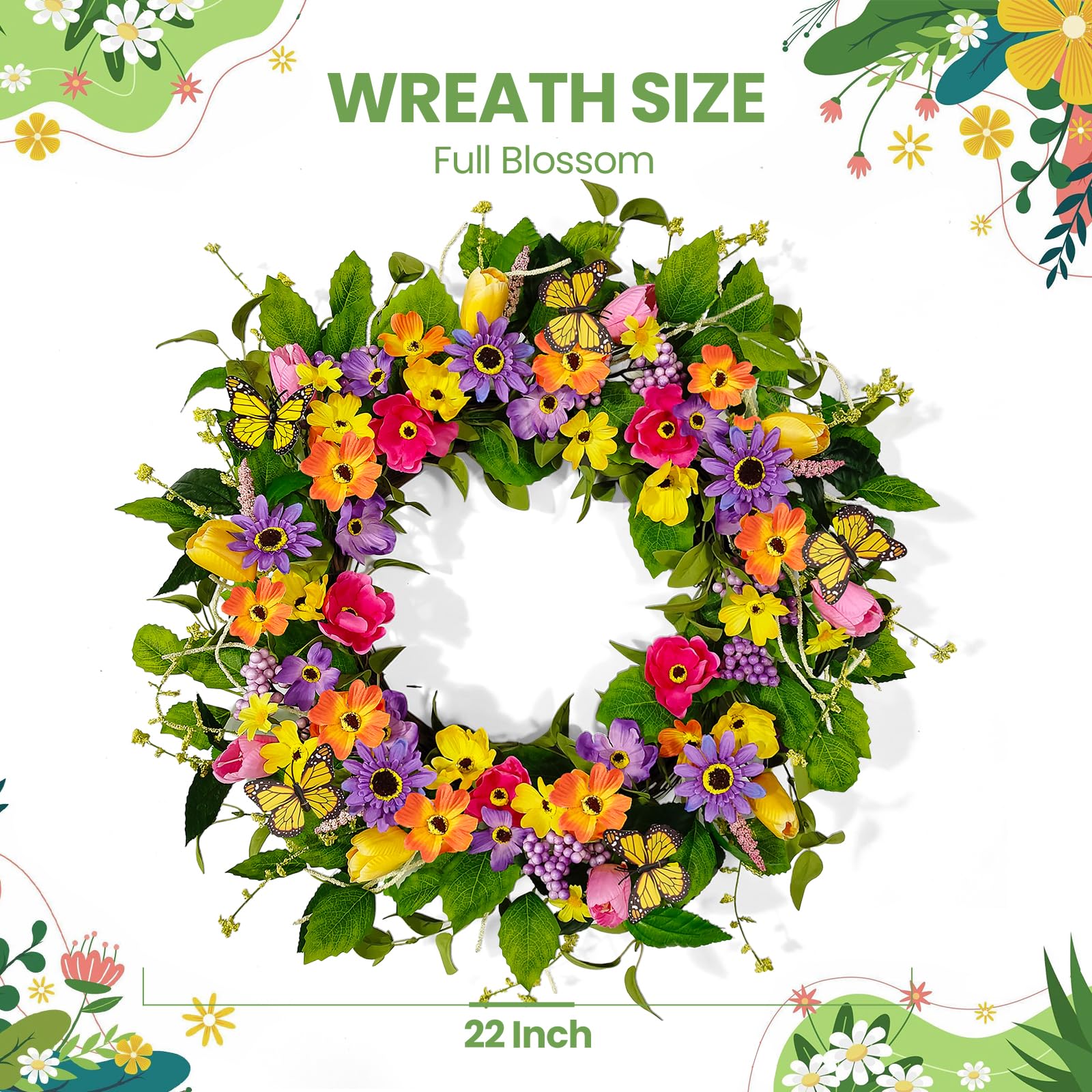 Worthyeah tulips and butterflies wreath highlights vibrant blooms for entry or patio.