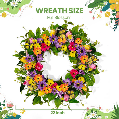 Worthyeah tulips and butterflies wreath highlights vibrant blooms for entry or patio.