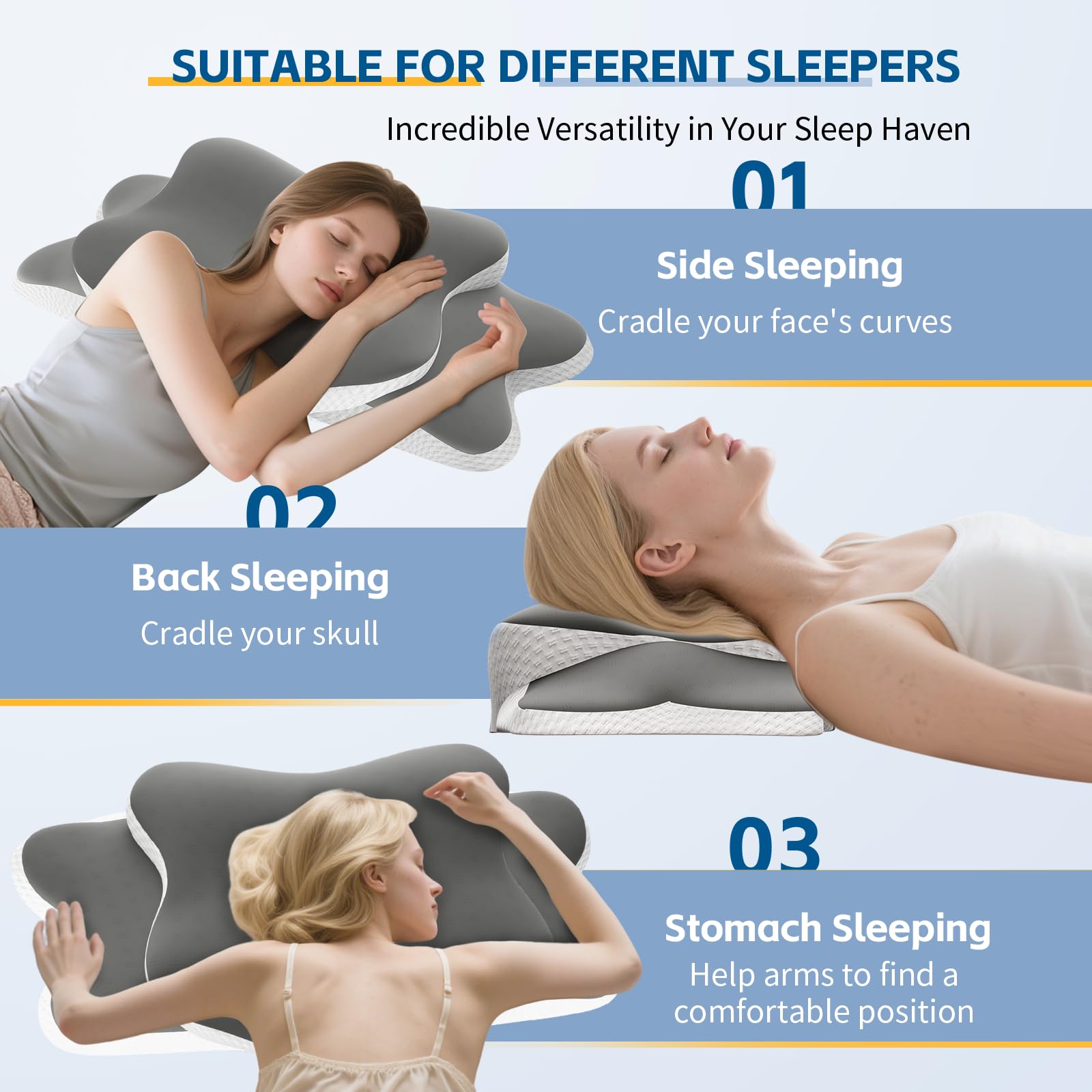 WotyaMomioo cervical neck pillow back view highlights airway-friendly design for back sleeping.