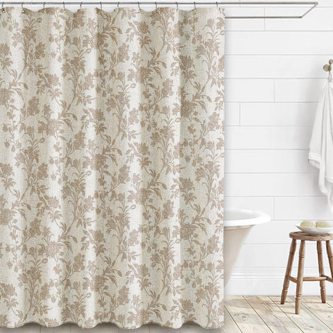 WOUVMA beige floral cotton-linen fabric texture adds subtle bathroom elegance.