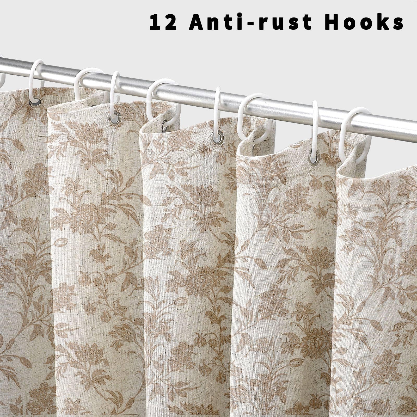WOUVMA beige floral pattern draped on shower to create a cozy cottagecore vibe.