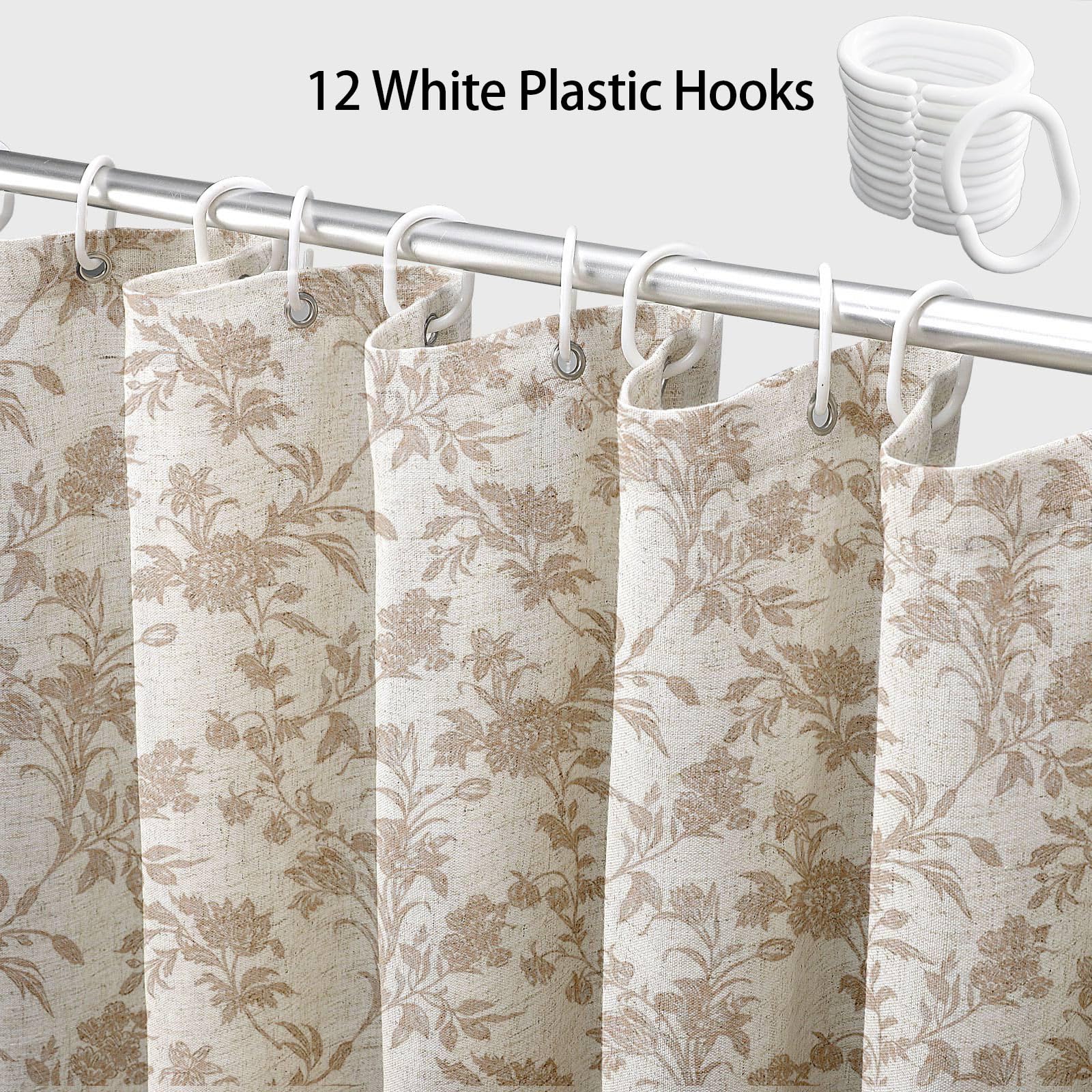 WOUVMA beige floral pattern shower curtain in a stylish bathroom setup.