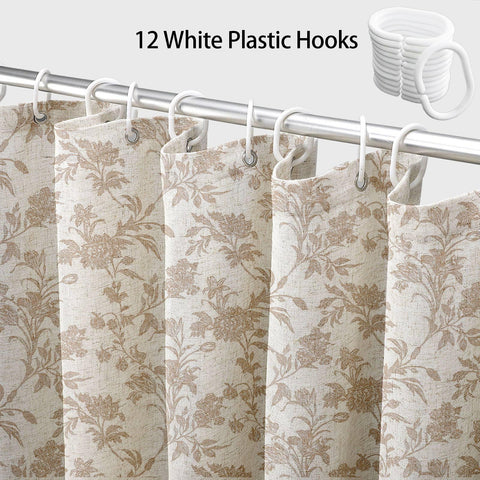 WOUVMA beige floral pattern shower curtain in a stylish bathroom setup.