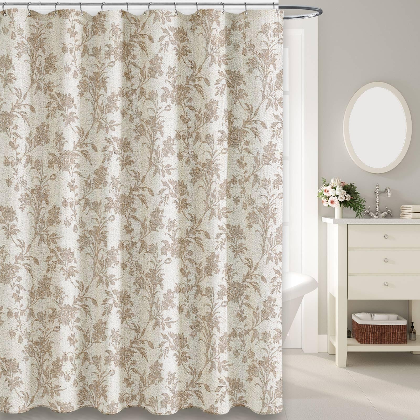 WOUVMA shower curtain hung with rust-proof hooks for durable installation.