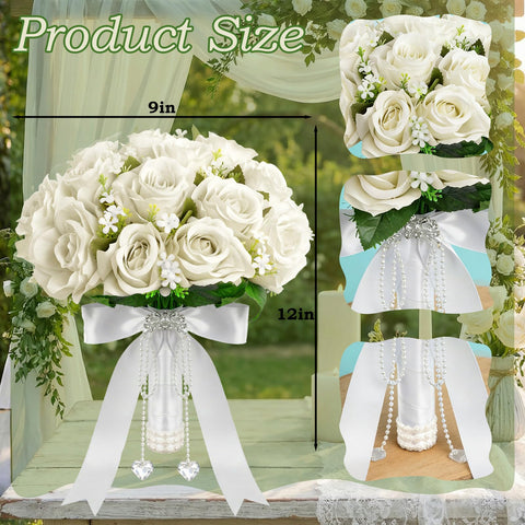 Wowagoga artificial white rose bridal bouquet for elegant bridesmaid accents