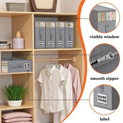 WOWBOX sheet organizer with label window for quick identification and rotation of bedding.