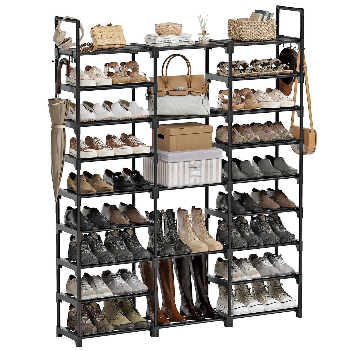 WOWLIVE 9-tier large shoe rack in black holds up to 55 pairs for organized closet storage